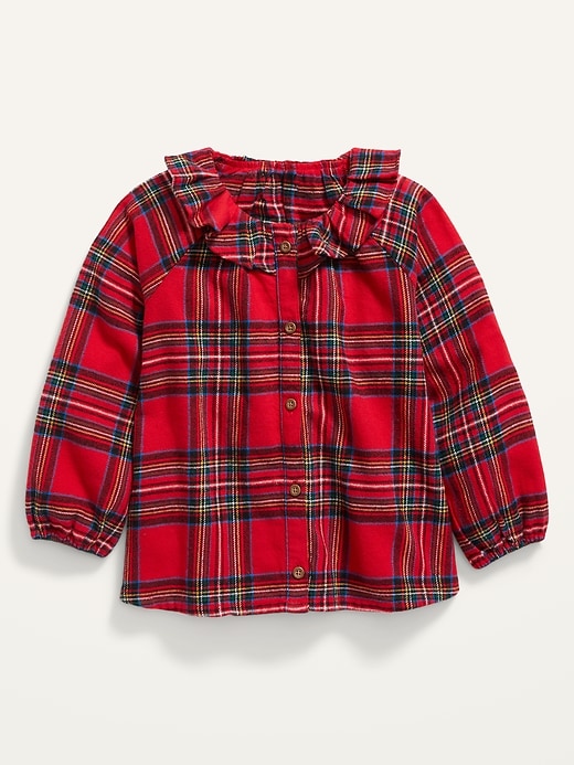 Old Navy Ruffled Plaid Flannel Top for Toddler Girls. 1