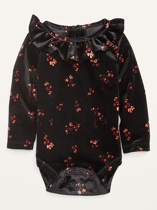 Velvet Ruffled Floral-Print Bodysuit for Baby