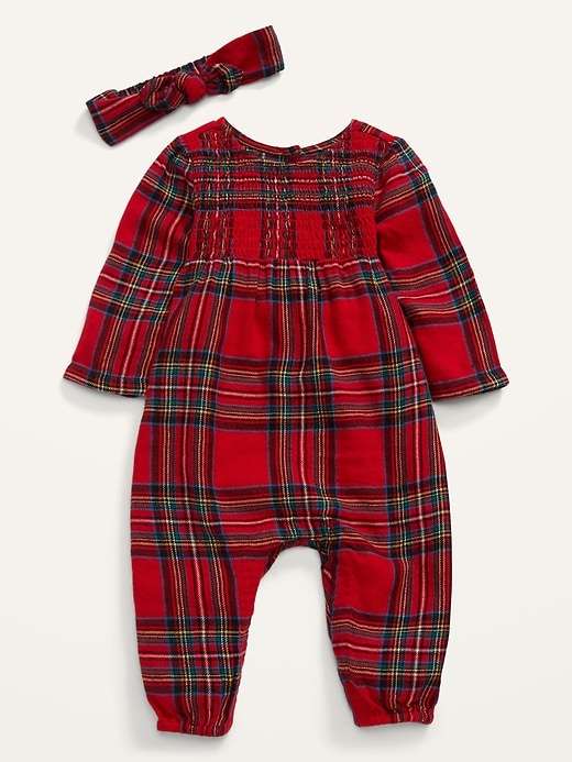 View large product image 1 of 3. Smocked Plaid Flannel Jumpsuit & Headband Set for Baby