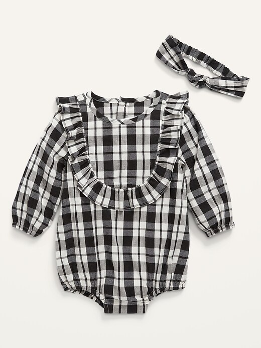 View large product image 1 of 2. Plaid Ruffled Bubble One-Piece & Headband Set for Baby