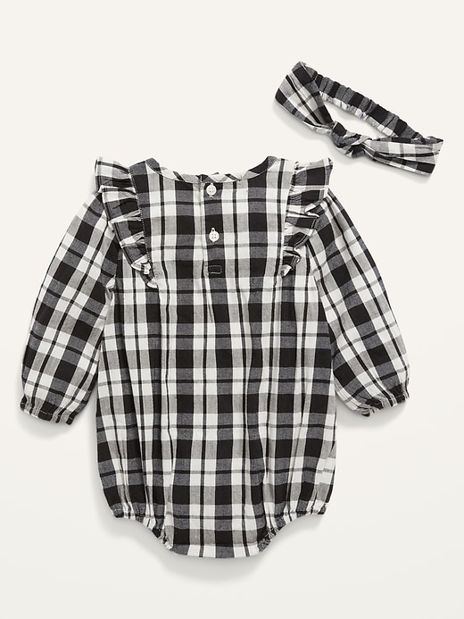 View large product image 2 of 2. Plaid Ruffled Bubble One-Piece & Headband Set for Baby