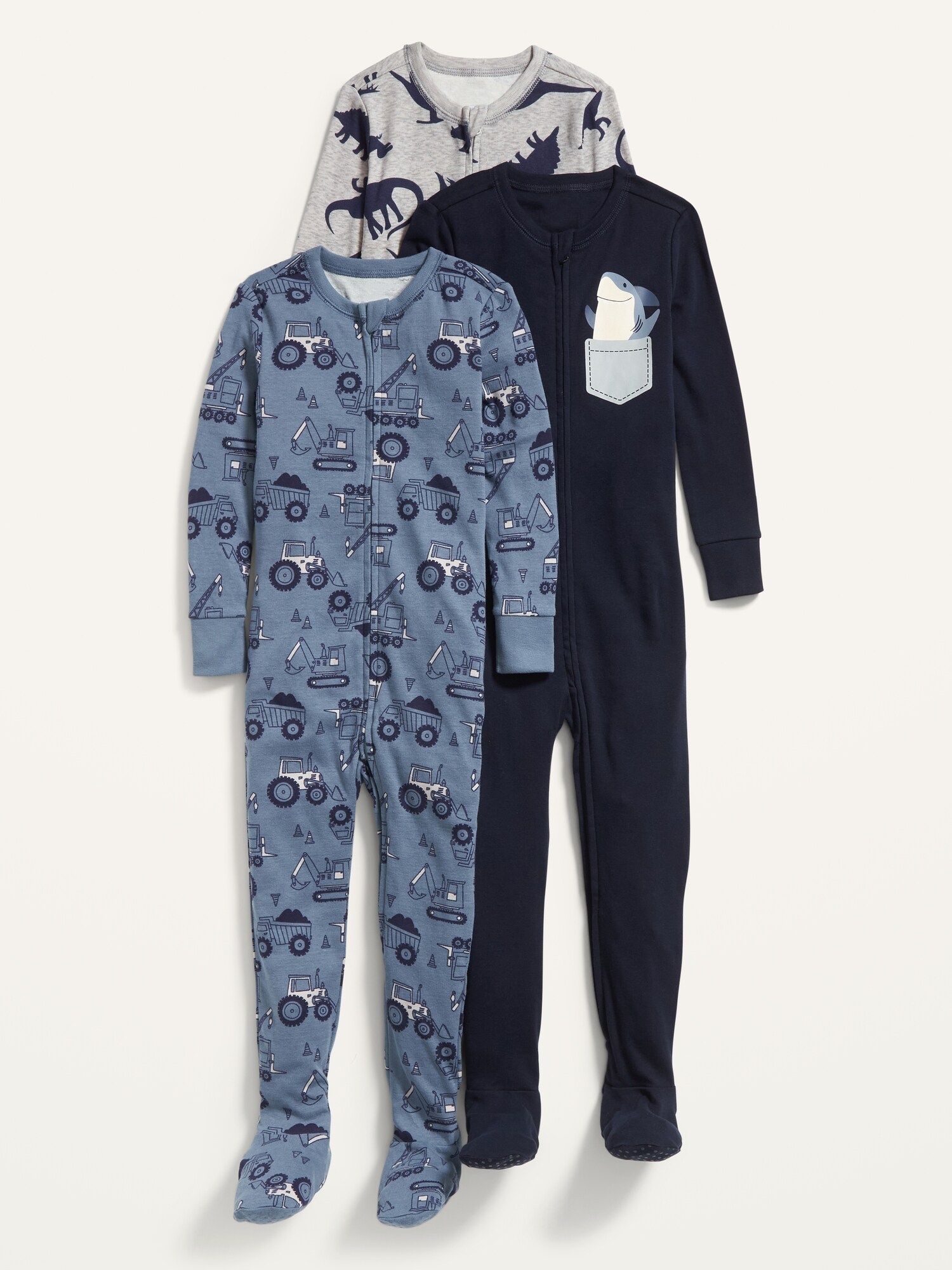Unisex 2-Way-Zip Snug-Fit Footie One-Piece Pajamas 3-Pack for