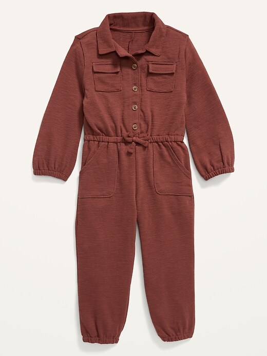 View large product image 1 of 2. Textured-Knit Utility-Pocket Jumpsuit for Toddler Girls