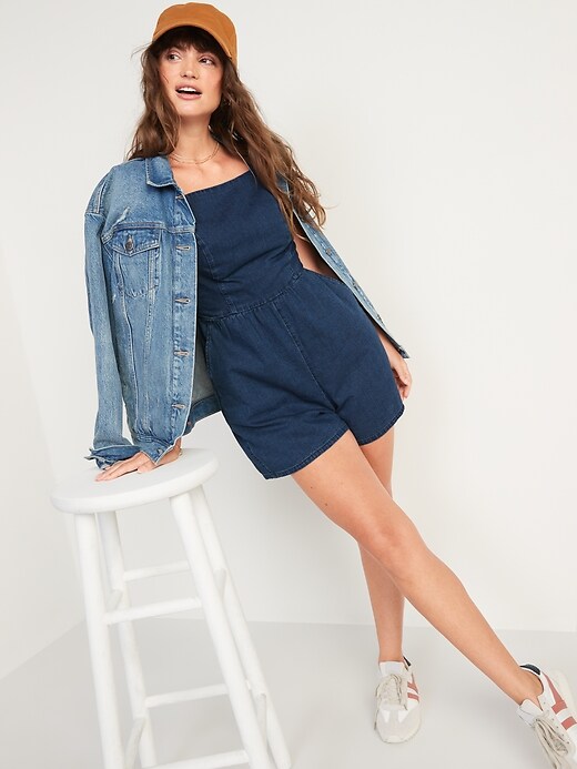 Image number 3 showing, Sleeveless Jean Cami Romper -- 3.5-inch inseam