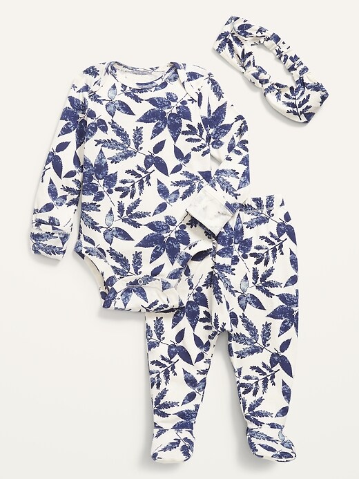 View large product image 1 of 2. Printed Cotton-Knit Bodysuit, Footed Pants & Headband 3-Piece Set for Baby