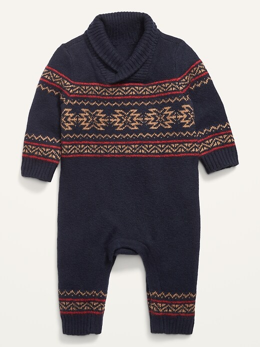 View large product image 1 of 2. Unisex Fair Isle Shawl-Collar Sweater-Knit One-Piece for Baby