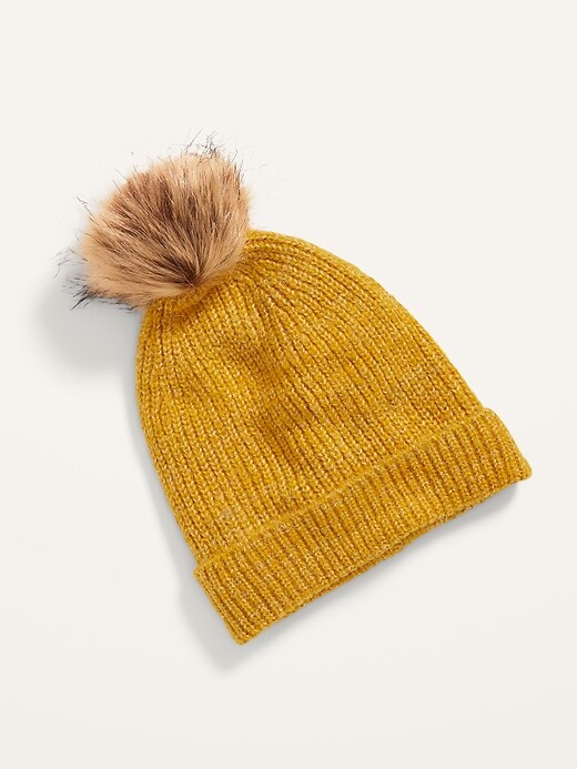 View large product image 1 of 1. Rib-Knit Faux-Fur Pom-Pom Beanie for Girls