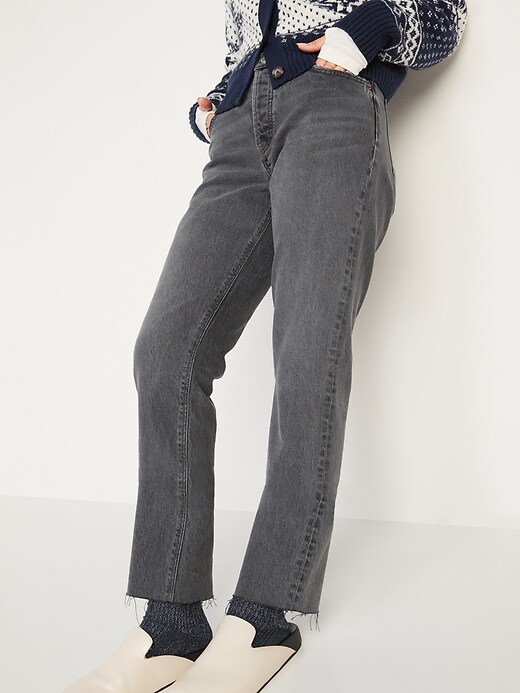 Image number 5 showing, High-Waisted Button-Fly Slouchy Straight Cut-Off Jeans for Women