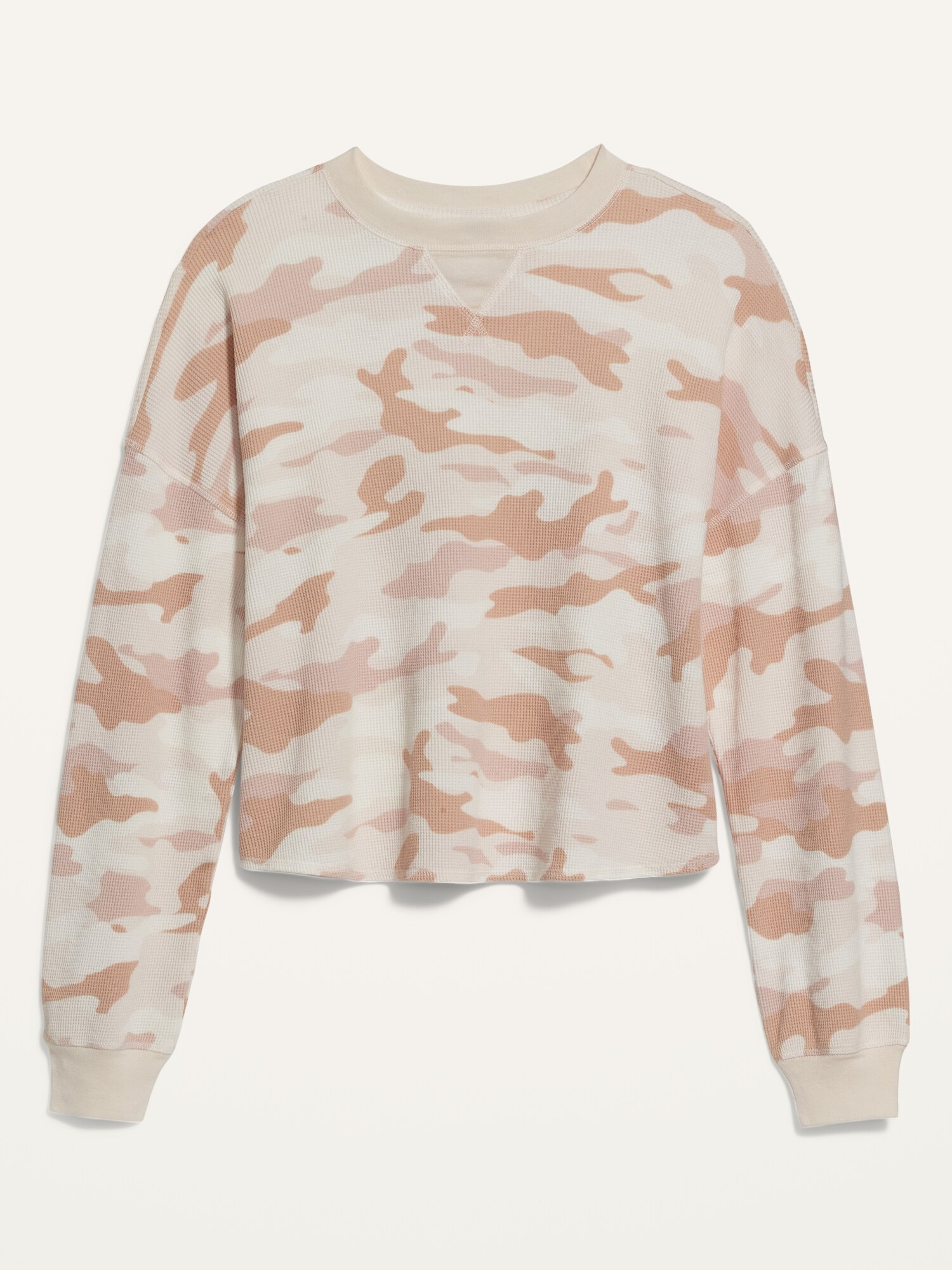Long-Sleeve Loose Cropped Camo-Print Waffle-Knit Top for Women