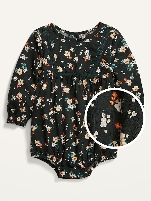 View large product image 1 of 3. Floral-Print Lace-Trim Bubble One-Piece for Baby