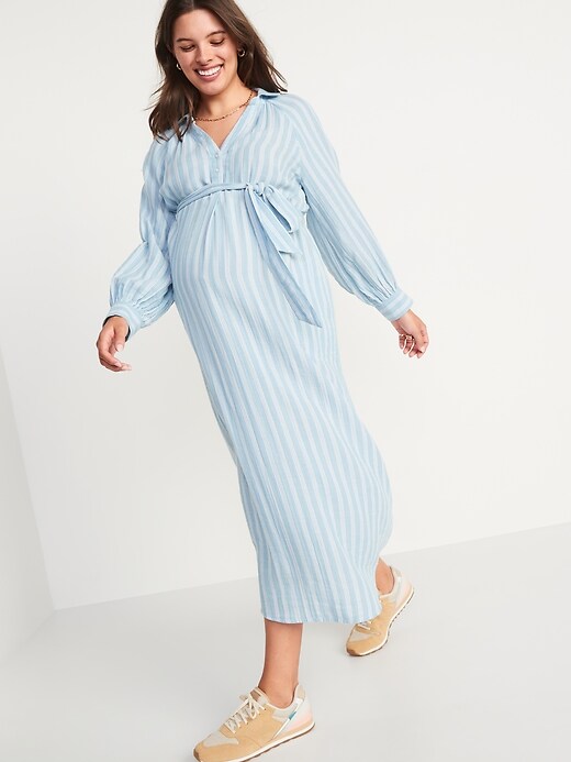 Image number 1 showing, Maternity Long-Sleeve Waist-Defined Midi Shirt Dress