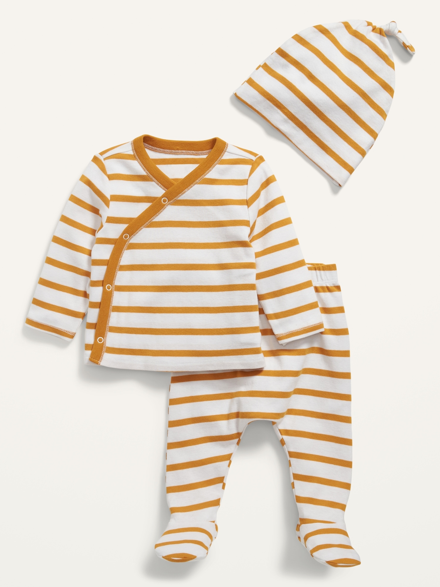 Old Navy Unisex 3-Piece Kimono Top, Pants & Beanie Layette Set for Baby yellow. 1