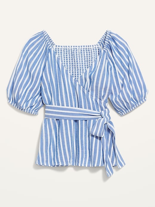 Image number 4 showing, Puff-Sleeve Smocked Striped Wrap-Effect Blouse