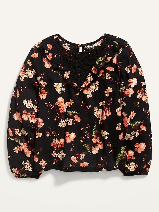 View large product image 1 of 2. Long-Sleeve Ruffle Floral Top for Girls