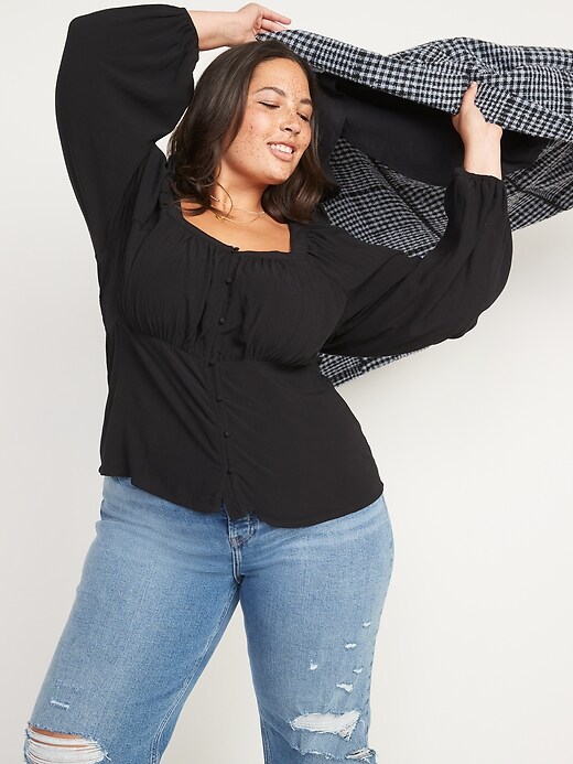 Image number 3 showing, Square-Neck Button-Front Long-Sleeve Blouse for Women