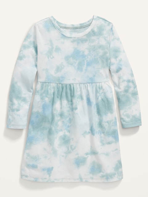 Patterned Jersey-Knit Long-Sleeve Dress for Baby Girls - Blue Tie