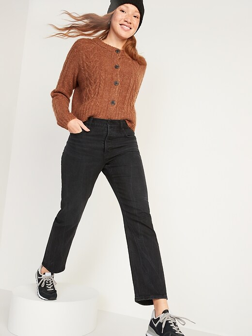 Image number 3 showing, High-Waisted Button-Fly Slouchy Straight Black-Wash Jeans for Women