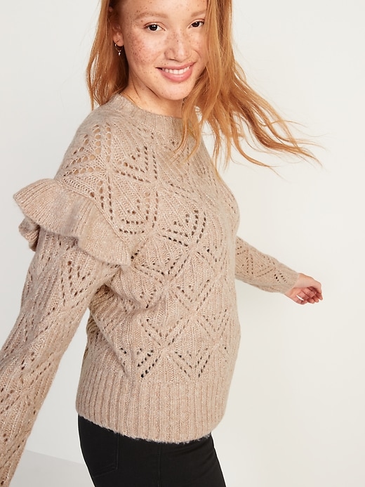 Image number 5 showing, Ruffle-Trim Metallic Pointelle-Knit Sweater for Women