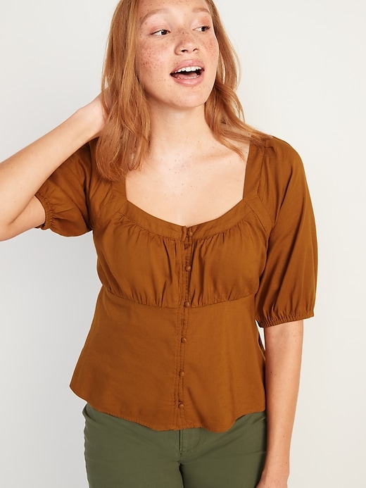 Image number 4 showing, Puff-Sleeve Smocked Button-Down Blouse