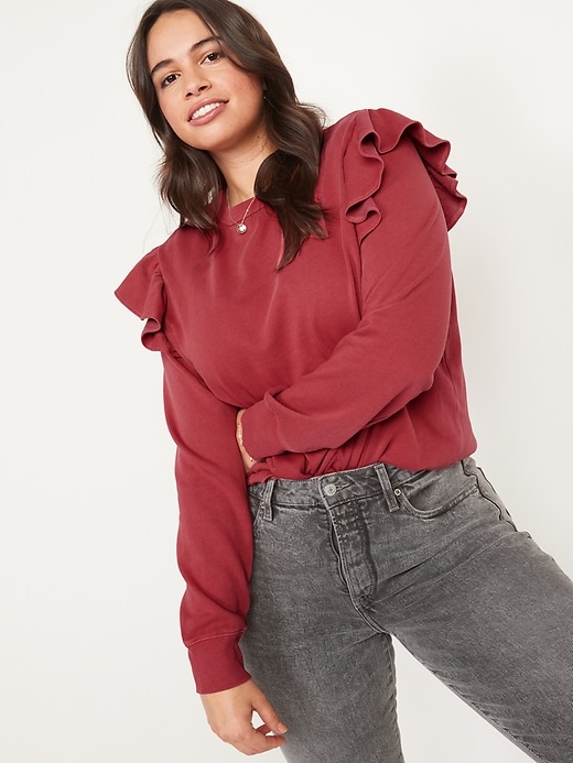 Image number 1 showing, Ruffle-Trim French-Terry Cropped Sweatshirt for Women