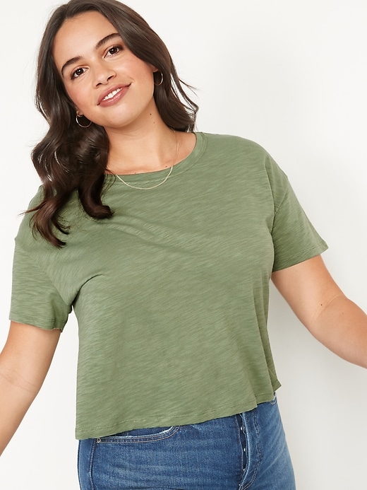 Old Navy Short-Sleeve Crew-Neck Cropped Slub-Knit T-Shirt for Women. 1