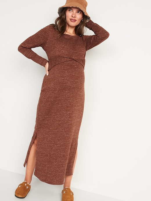 View large product image 1 of 1. Maternity Long-Sleeve Twist Waist-Defined Midi Dress