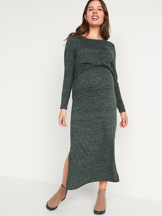 View large product image 1 of 1. Maternity Long-Sleeve Twist Waist-Defined Midi Dress