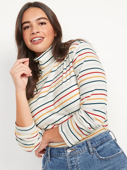 Image number 1 showing, Striped Rib-Knit Long-Sleeve Turtleneck Top
