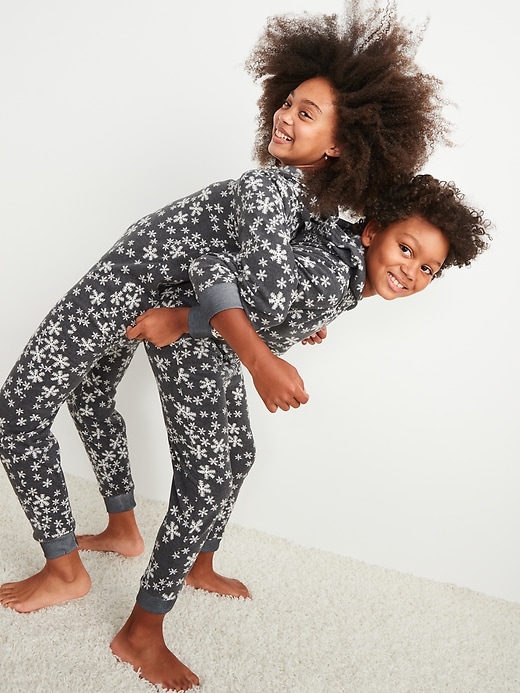 View large product image 1 of 4. Gender-Neutral Matching Hooded Microfleece One-Piece Pajamas For Kids