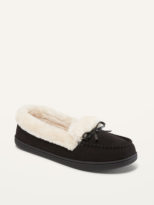 View large product image 1 of 1. Faux-Suede Sherpa-Lined Moccasin Slippers