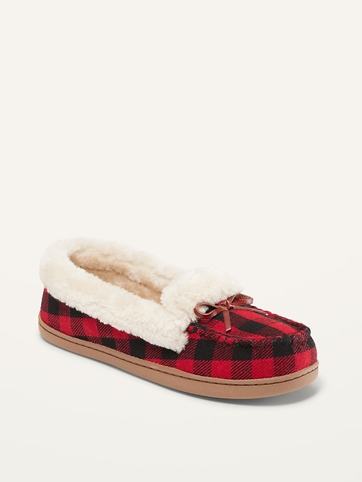 Image number 1 showing, Plaid Faux-Fur Trim Moccasin Slippers