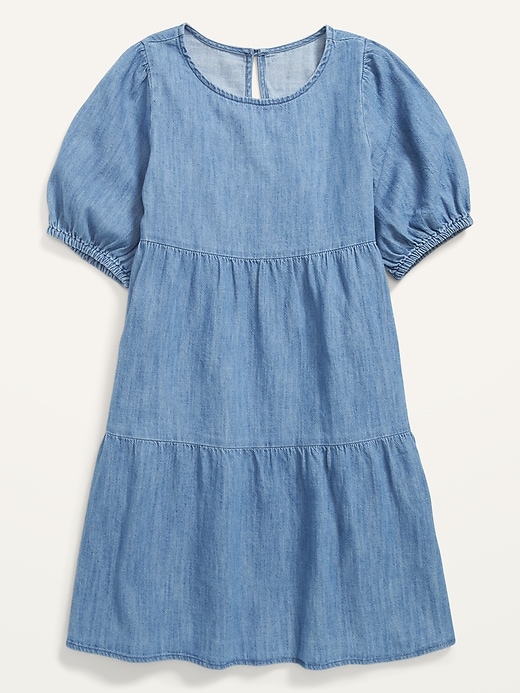 View large product image 2 of 3. Tiered Puff-Sleeve Jean Dress for Girls