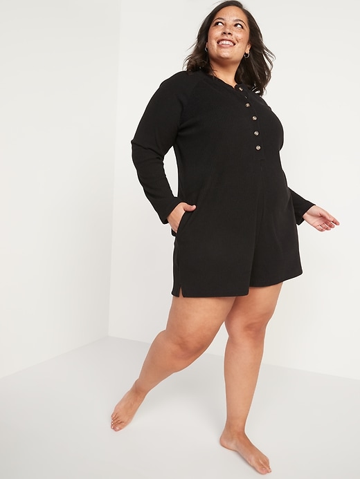 Image number 7 showing, Long-Sleeve Ribbed Button-Down Lounge Romper -- 3-inch inseam