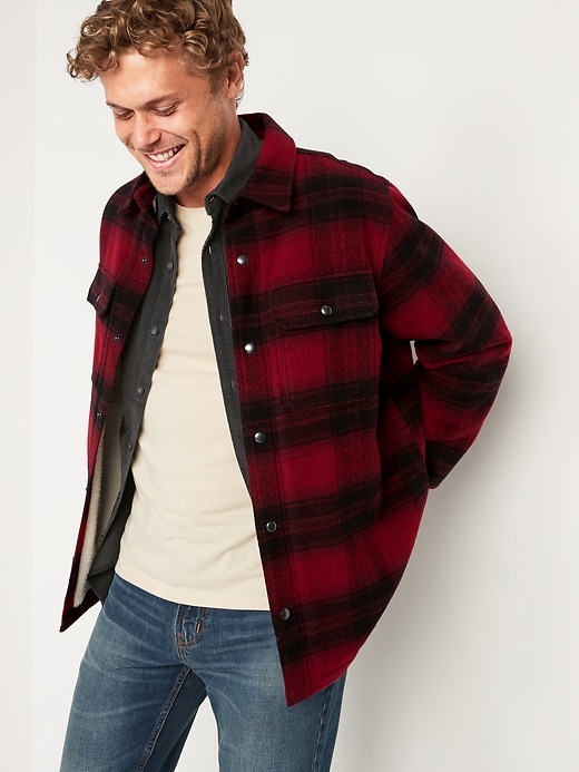 View large product image 1 of 1. Plaid Wool-Blend Sherpa-Lined Shirt Jacket