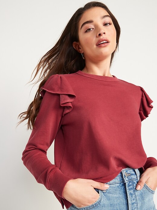 Image number 5 showing, Ruffle-Trim French-Terry Cropped Sweatshirt for Women