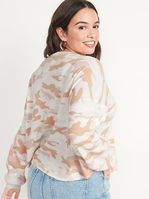Image number 2 showing, Long-Sleeve Loose Cropped Camo-Print Waffle-Knit Top for Women