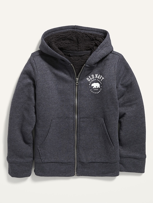 View large product image 2 of 2. Cozy Sherpa-Lined Logo-Graphic Zip Hoodie for Boys