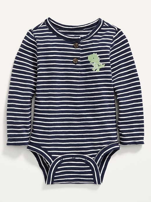 View large product image 1 of 3. Unisex Striped Dino-Graphic Henley Bodysuit for Baby
