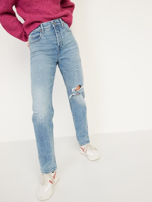 Image number 5 showing, Extra High-Waisted Button-Fly Sky Hi Straight Light-Wash Ripped Jeans for Women