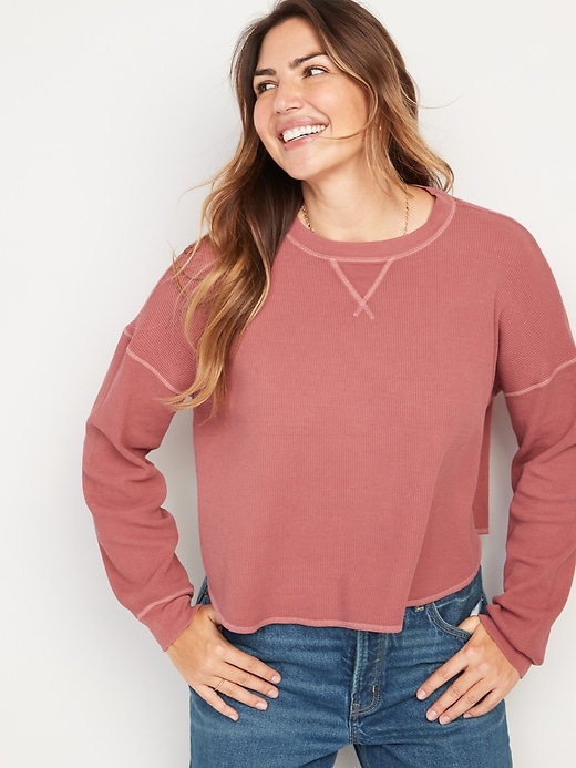 Old Navy Long-Sleeve Loose Cropped Waffle-Knit Easy T-Shirt for Women. 1