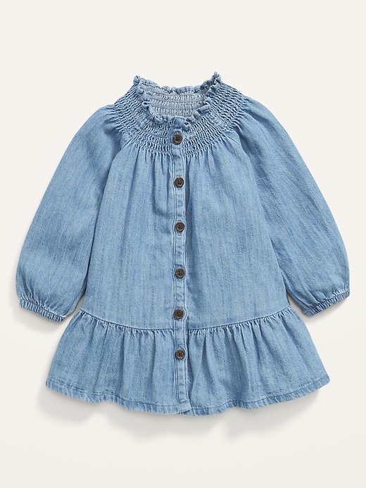 View large product image 1 of 2. Long-Sleeve Smocked-Neck Button-Front Dress for Toddler Girls