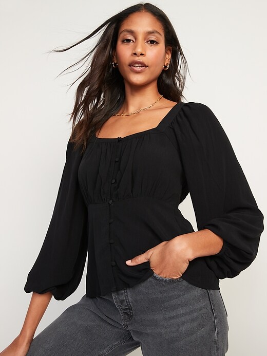 Image number 5 showing, Square-Neck Button-Front Long-Sleeve Blouse for Women