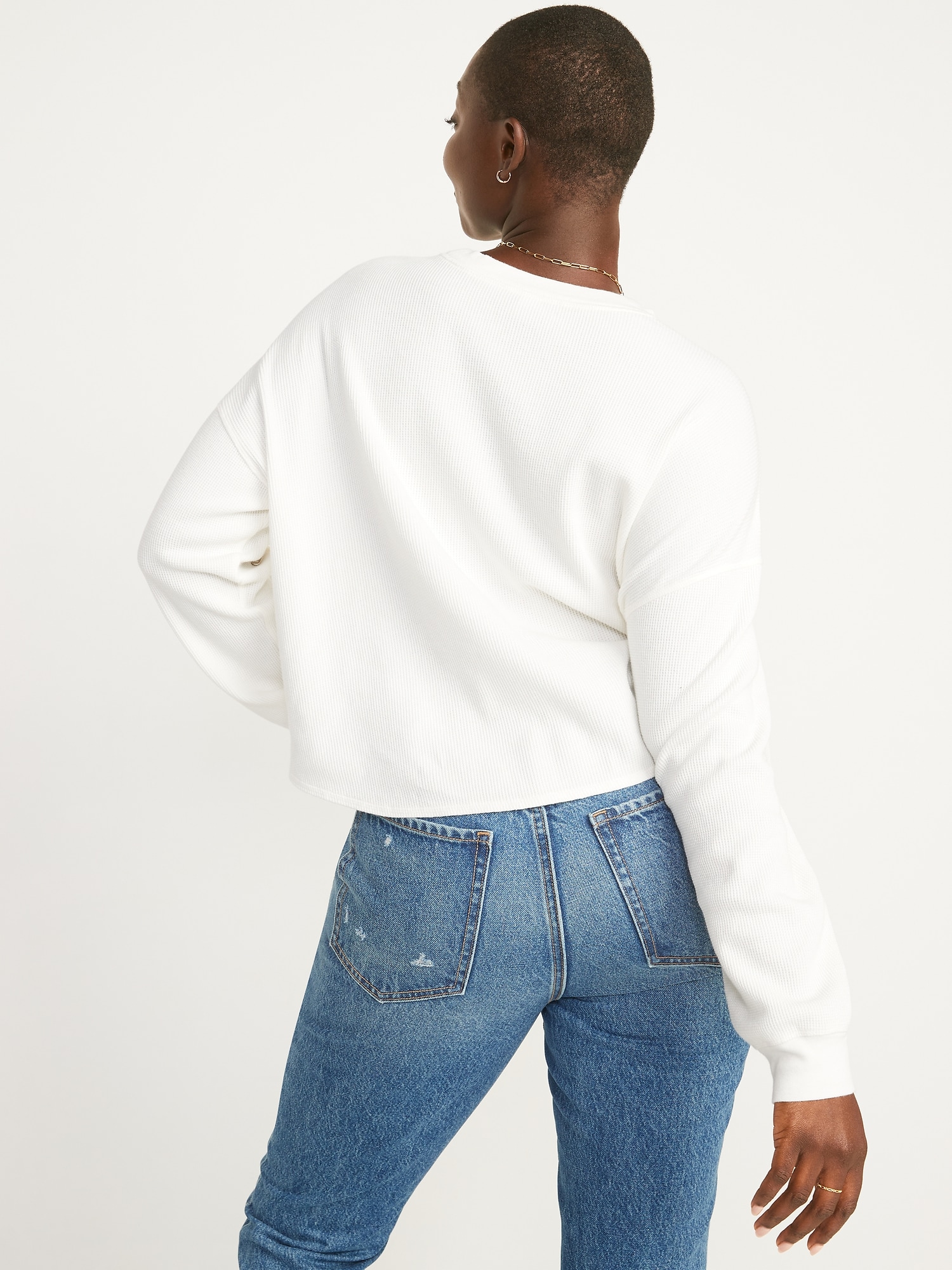 Long-Sleeve Loose Cropped Waffle-Knit Easy T-Shirt for Women | Old Navy