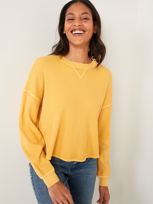 Image number 5 showing, Long-Sleeve Cropped Waffle-Knit Easy T-Shirt for Women