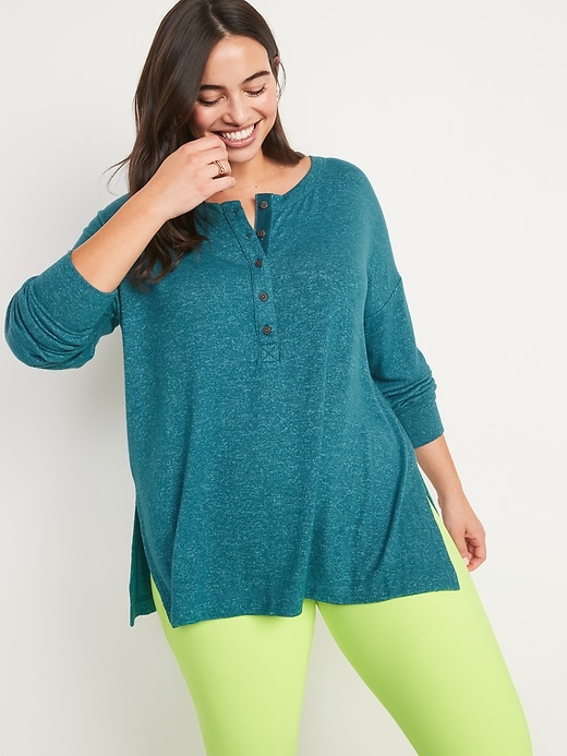 Image number 1 showing, Long-Sleeve Plush-Knit Henley Tunic T-Shirt for Women