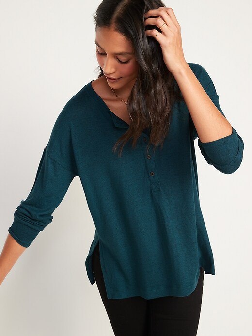 Image number 4 showing, Long-Sleeve Plush-Knit Henley Tunic T-Shirt for Women