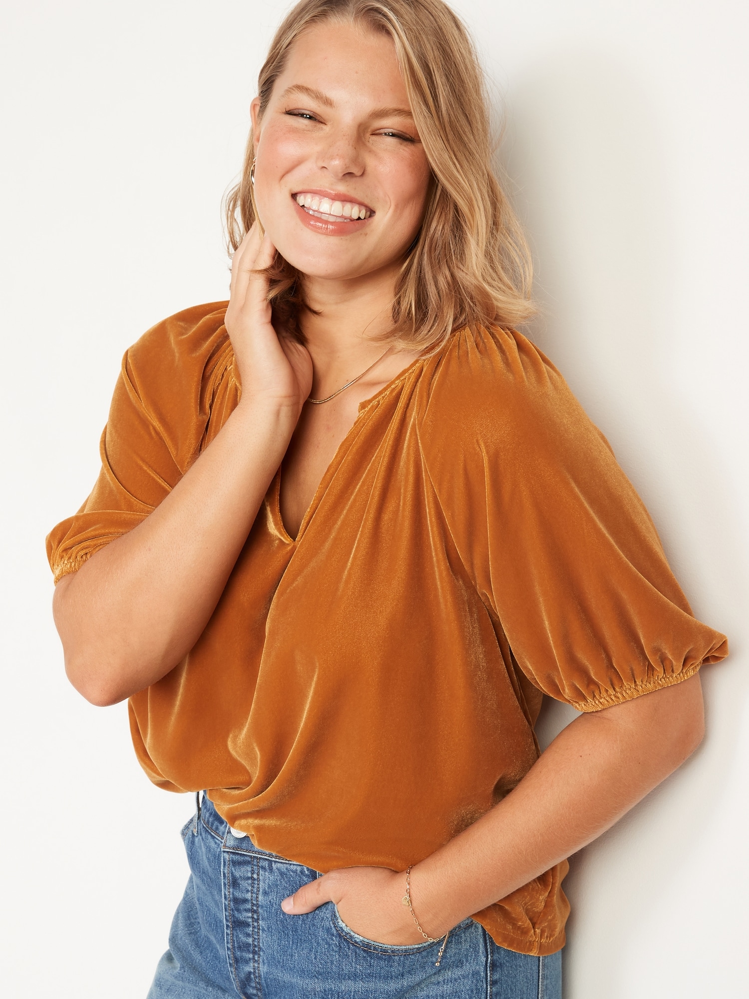 ElbowSleeve SplitNeck Velvet Swing Blouse Old Navy