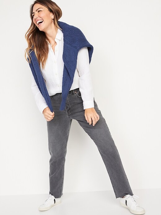 Image number 3 showing, High-Waisted Button-Fly Slouchy Straight Cut-Off Jeans for Women