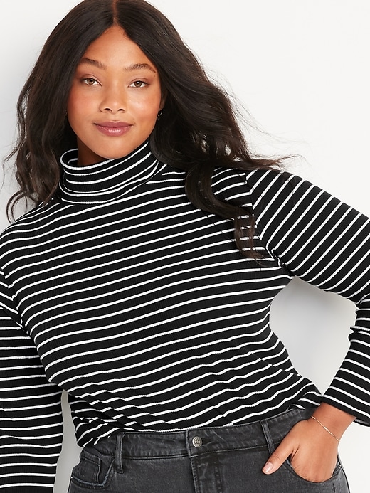 View large product image 1 of 1. Striped Rib-Knit Long-Sleeve Turtleneck Top