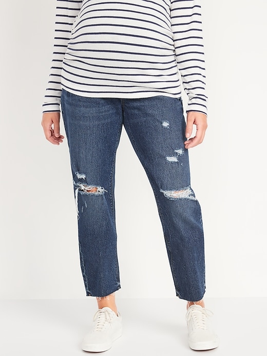 Image number 1 showing, Maternity Full Panel Slouchy Straight Ripped Jeans